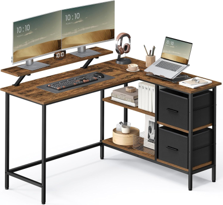 VASAGLE Birou in forma de L, suport monitor, 2 rafturi si 2 sertare, 105x135x76 cm, maro rustic [1]