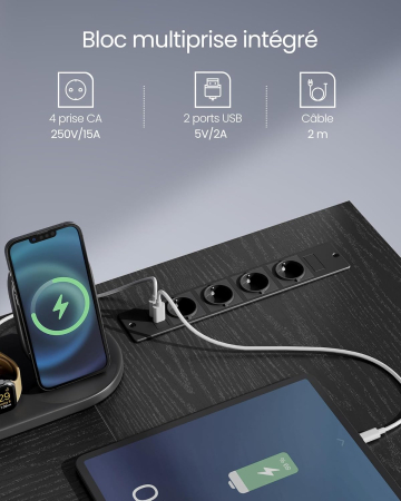 VASAGLE Birou in forma de L, suport monitor, raft si 2 sertare, 4 prize si 2 USB, 120x150x76 cm, negru [3]