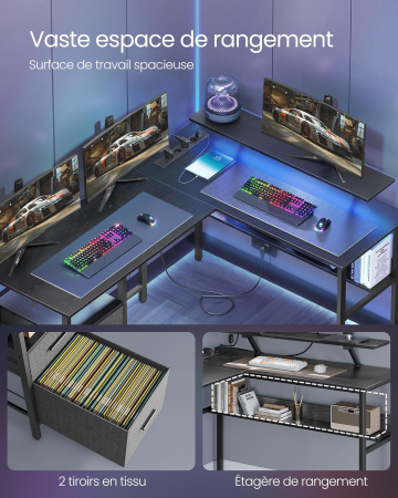 VASAGLE Birou in forma de L, suport monitor, raft si 2 sertare, 4 prize si 2 USB, 120x150x76 cm, negru [6]