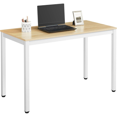 Birou pentru calculator, cadru metalic, design modern si minimalist, 120x60x75 cm, alb cu blat stejar [7]