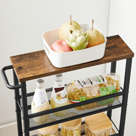 Carucior de bucatarie ingust cu roti, 4 niveluri, cadru metalic, 13x47x77 cm, maro rustic [7]