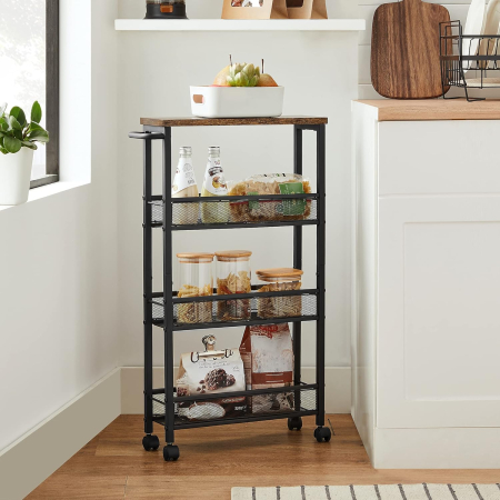 Carucior de bucatarie ingust cu roti, 4 niveluri, cadru metalic, 13x47x77 cm, maro rustic [3]