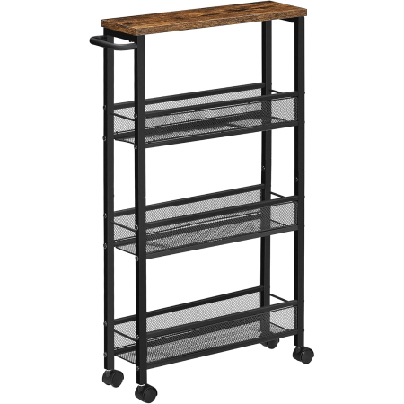 Mobilier bucatarie - Carucior de bucatarie ingust cu roti, 4 niveluri, cadru metalic, 13x47x77 cm, maro rustic