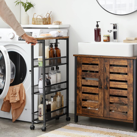 Carucior de bucatarie ingust cu roti, 4 niveluri, cadru metalic, 13x47x77 cm, maro rustic [5]