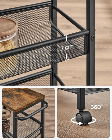 Carucior de bucatarie ingust cu roti, 4 niveluri, cadru metalic, 22x46x77 cm, maro rustic [5]