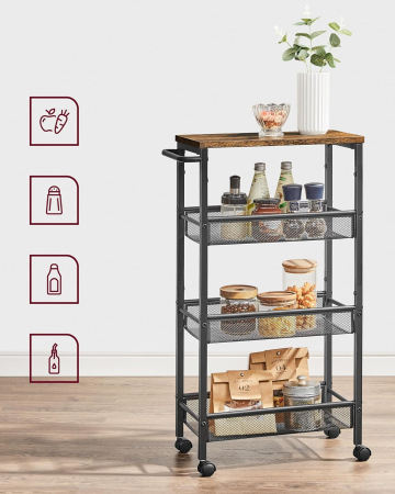 Carucior de bucatarie ingust cu roti, 4 niveluri, cadru metalic, 22x46x77 cm, maro rustic [4]