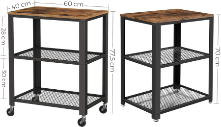 VASAGLE Carucior de servire pe roti, cu polite, pentru bucatarie, 40x60x77cm, industrial, maro rustic [1]