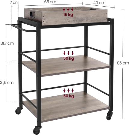 Carucior de servire pe roti pentru bucatarie, 3 polite, tava detasabila, stil industrial, 40x72x86cm, gri stejar [1]