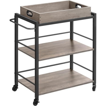 Bucatarie - Carucior de servire pe roti pentru bucatarie, 3 polite, tava detasabila, stil industrial, 40x72x86cm, gri stejar