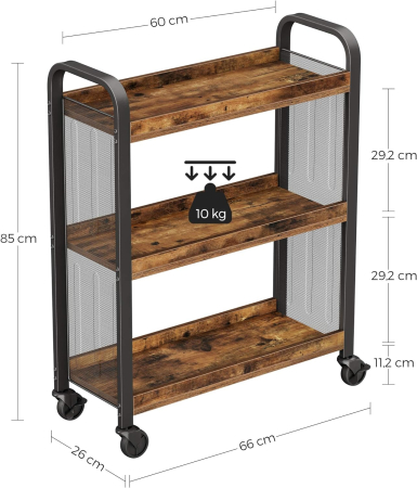 Carucior de servire pe roti pentru bucatarie, cu 3 polite, stil industrial, 26x66x85cm, maro rustic [9]