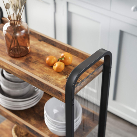 Carucior de servire pe roti pentru bucatarie, cu 3 polite, stil industrial, 26x66x85cm, maro rustic [6]