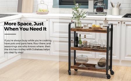 Carucior de servire pe roti pentru bucatarie, cu 3 polite, stil industrial, 26x66x85cm, maro rustic [1]