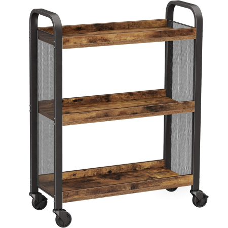 Mobilier bucatarie - Carucior de servire pe roti pentru bucatarie, cu 3 polite, stil industrial, 26x66x85cm, maro rustic