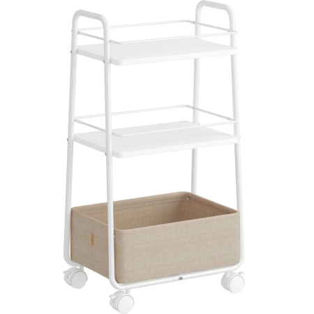 Mobilier bucatarie - Carucior depozitare cu roti si cos textil, 3 niveluri, PAL si cadru metalic, alb si crem