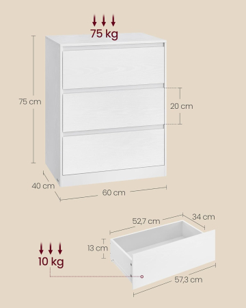Comoda cu 3 sertare, design modern minimalist, PAL si MDF, 60x40x75 cm, alb [1]