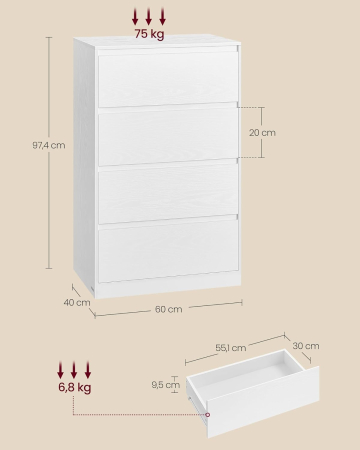 Comoda cu 4 sertare, design modern minimalist, PAL si MDF, 60x40x97 cm, alb [1]