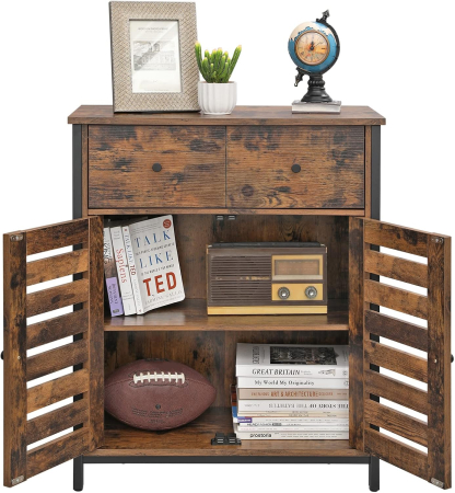 Comoda depozitare cu 2 sertare si polite, usi tip jaluzea, stil industrial, 30x70x80 cm, maro rustic [5]