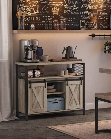 VASAGLE Comoda pentru living sau bucatarie, cu 2 usi glisante, rafturi reglabile, stil rustic, 33x100x80cm, gri [1]