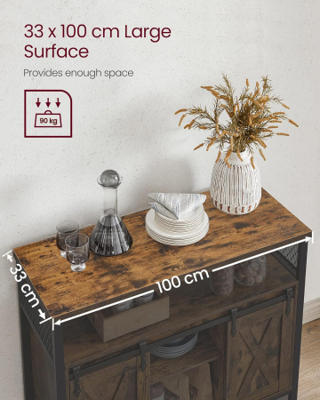 VASAGLE Comoda pentru living sau bucatarie, cu 2 usi glisante, rafturi reglabile, stil rustic, 33x100x80cm, maro si negru [2]