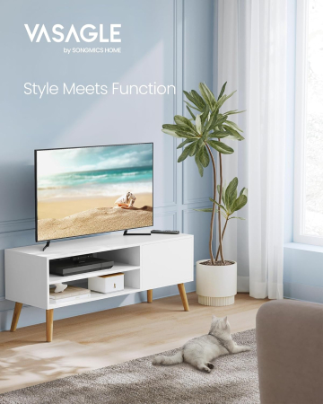 Comoda pentru TV de pana la 120 cm, 2 rafturi si dulap push-open, PAL si lemn, 120x40x49 cm, alb [9]