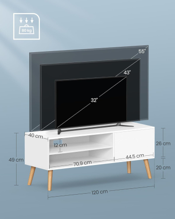 Comoda pentru TV de pana la 120 cm, 2 rafturi si dulap push-open, PAL si lemn, 120x40x49 cm, alb [5]