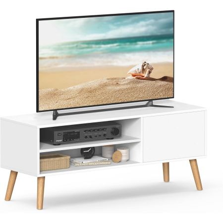 Comoda pentru TV de pana la 120 cm, 2 rafturi si dulap push-open, PAL si lemn, 120x40x49 cm, alb [12]