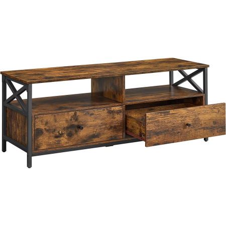 Comode - Comoda TV cu 2 sertare si 2 rafturi, cadru metalic, stil industrial, 120x40x50 cm, maro rustic