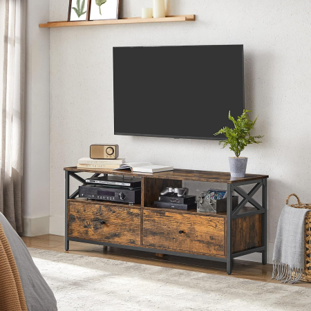 Comoda TV cu 2 sertare si 2 rafturi, cadru metalic, stil industrial, 120x40x50 cm, maro rustic [4]