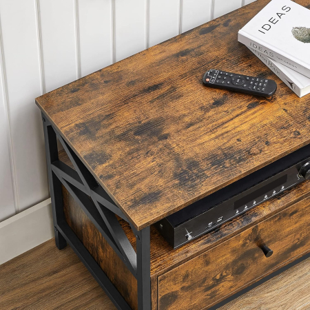 Comoda TV cu 2 sertare si 2 rafturi, cadru metalic, stil industrial, 120x40x50 cm, maro rustic [3]