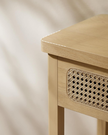 VASAGLE Consola hol 100x30x80 cm, 2 sertare, raft deschis, colturi rotunjite, stil boho, MDF si ratan PVC, bej stejar [4]