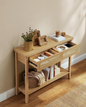 VASAGLE Consola hol 100x30x80 cm, 2 sertare, raft deschis, colturi rotunjite, stil boho, MDF si ratan PVC, bej stejar [5]
