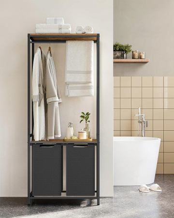 Cos de rufe, 2 compartimente, saci de rufe detasabili, 2 rafturi, tija umerase, 2x46L, 73x33x177cm, maro rustic [11]