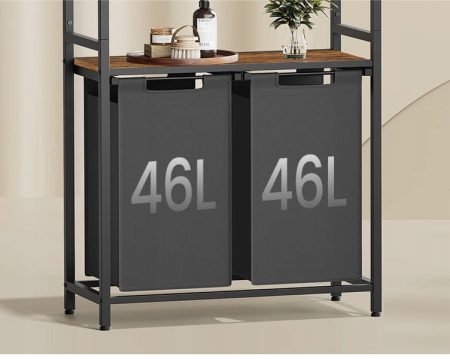 Cos de rufe, 2 compartimente, saci de rufe detasabili, 2 rafturi, tija umerase, 2x46L, 73x33x177cm, maro rustic [7]