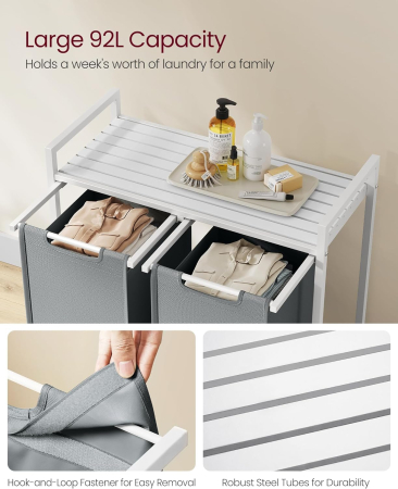 VASAGLE Cos de rufe, 2 compartimente, saci de rufe detasabili, raft, cadru metalic, 2x46L, 73x33x72 cm, alb si gri deschis [3]