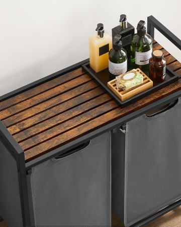 Cos de rufe, 2 compartimente, saci de rufe detasabili, raft, cadru metalic, 2x46L, 73x33x72 cm, maro rustic si gri [6]