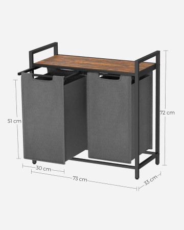 Cos de rufe, 2 compartimente, saci de rufe detasabili, raft, cadru metalic, 2x46L, 73x33x72 cm, maro rustic si gri [3]