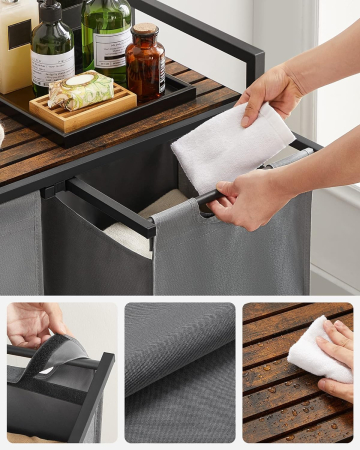 Cos de rufe, 2 compartimente, saci de rufe detasabili, raft, cadru metalic, 2x46L, 73x33x72 cm, maro rustic si gri [7]