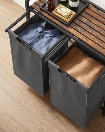 Cos de rufe, 2 compartimente, saci de rufe detasabili, raft, cadru metalic, 2x46L, 73x33x72 cm, maro rustic si gri [5]