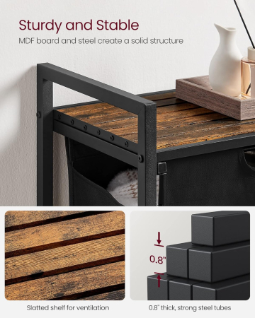 Cos de rufe, 2 compartimente, saci de rufe detasabili, raft, cadru metalic, 2x46L, 73x33x72 cm, maro rustic si negru [4]