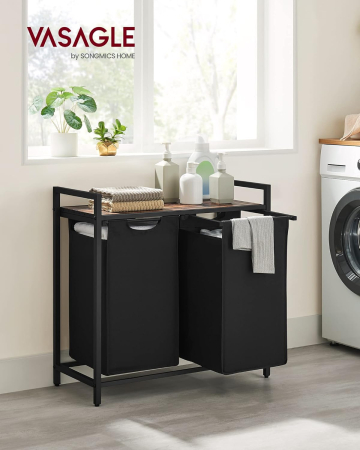 Cos de rufe, 2 compartimente, saci de rufe detasabili, raft, cadru metalic, 2x46L, 73x33x72 cm, maro rustic si negru [7]