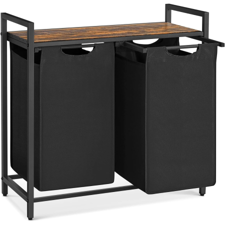 Baie - Cos de rufe, 2 compartimente, saci de rufe detasabili, raft, cadru metalic, 2x46L, 73x33x72 cm, maro rustic si negru