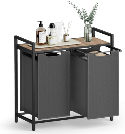 Cos de rufe, 2 compartimente, saci de rufe detasabili, raft, cadru metalic, 2x46L, 73x33x72 cm, maro si gri antracit [7]