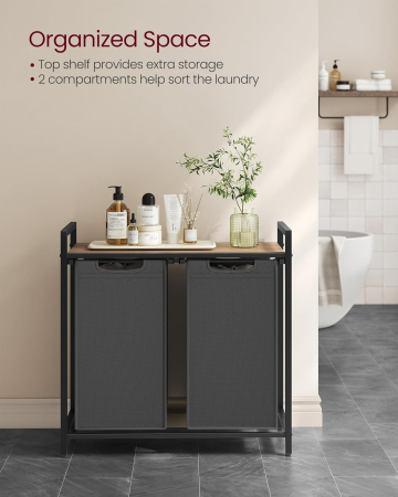 Cos de rufe, 2 compartimente, saci de rufe detasabili, raft, cadru metalic, 2x46L, 73x33x72 cm, maro si gri antracit [2]