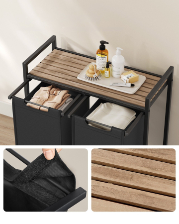 Cos de rufe, 2 compartimente, saci de rufe detasabili, raft, cadru metalic, 2x46L, 73x33x72 cm, maro si negru [4]