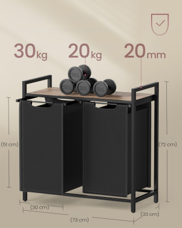Cos de rufe, 2 compartimente, saci de rufe detasabili, raft, cadru metalic, 2x46L, 73x33x72 cm, maro si negru [2]