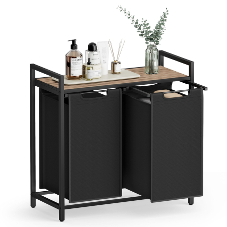 Cos de rufe, 2 compartimente, saci de rufe detasabili, raft, cadru metalic, 2x46L, 73x33x72 cm, maro si negru [7]