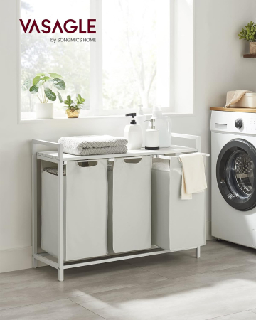 VASAGLE Cos de rufe, 3 compartimente, saci de rufe detasabili, raft, cadru metalic, 3x38L, 93x33x72 cm, alb [1]