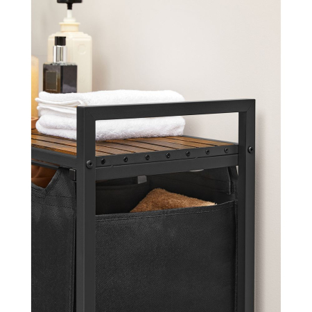 Cos de rufe, 3 compartimente, saci de rufe detasabili, raft, cadru metalic, 3x38L, 93x33x72 cm, maro vintage si negru [3]