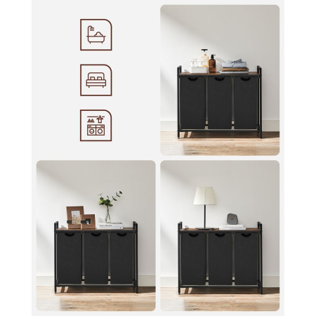 Cos de rufe, 3 compartimente, saci de rufe detasabili, raft, cadru metalic, 3x38L, 93x33x72 cm, maro vintage si negru [6]