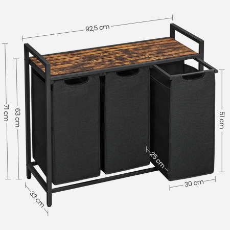 Cos de rufe, 3 compartimente, saci de rufe detasabili, raft, cadru metalic, 3x38L, 93x33x72 cm, maro vintage si negru [4]